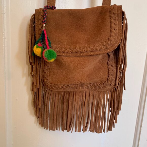 ZARA Cognac Brown Suede Leather Fringe Braide Pompom Western Boho Crossbody Bag - Picture 2 of 9